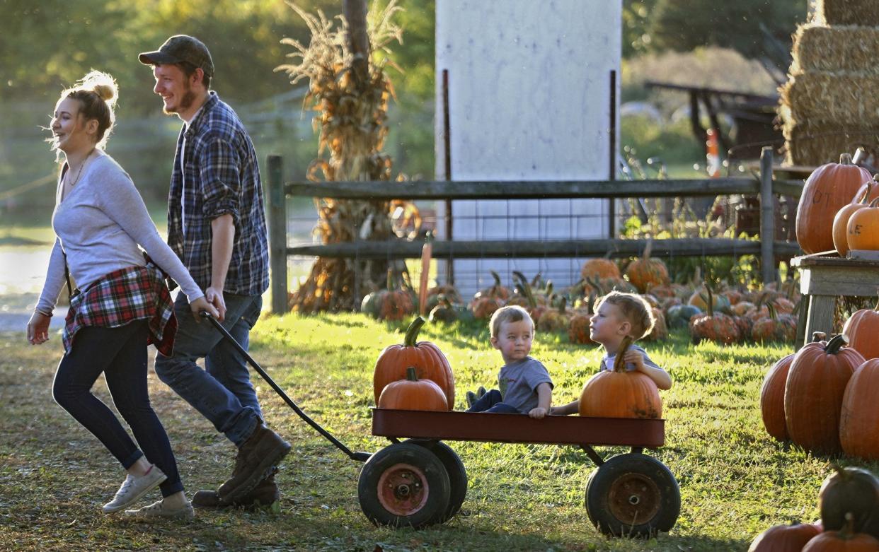 Felicia and Charles Azbell of Lancaster pull their sons Walker, left, and Bentley and their pumpkins during a 2017 visit to Pigeon Roost Farm near Hebron. The farm doesn't offer U-pick but has pre-picked pumpkins to choose from. [ERIC ALBRECHT/DISPATCH]