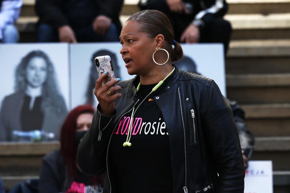 Donna Hylton speaks at the #whatabouther rally in support for the women being held at Riker's Island, in front of the New York Stock exchange on April 26, 2021, in New York City.