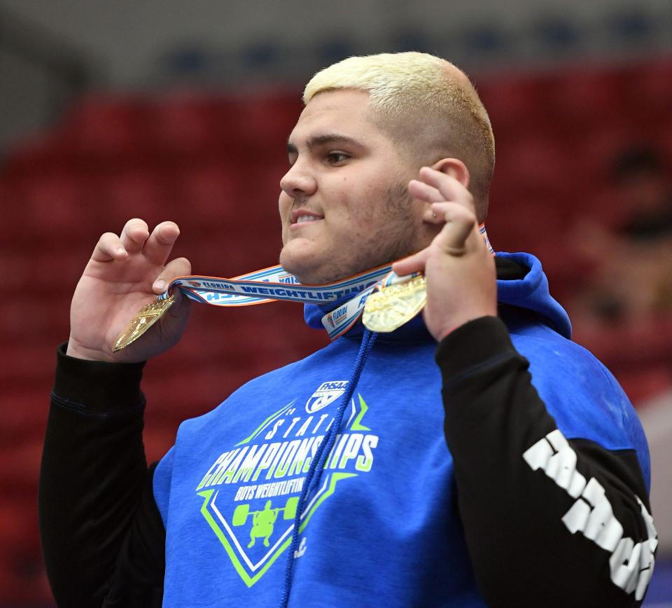 Elijah Walker of Mainland won the State Championship in Class 2A unlimited traditional during the FHSAA Boys Weightlifting State Championships at the RP Funding Center in Lakeland, Florida on Saturday April 20, 2024.