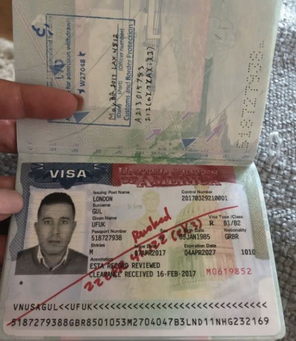 A stamp on Ali Gul’s passport refusing him entry into the US. Source: Yahoo UK via: SWNS