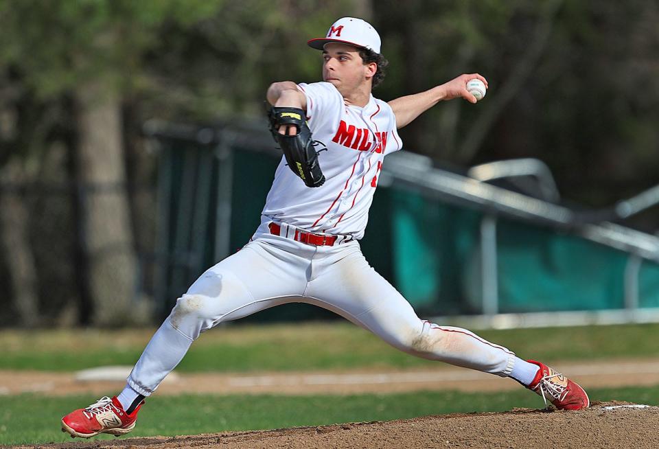 Starting pitcher and captain Scott Longo.

Milton baseball hosts Wellesley at Cunningham Field on Monday April 8, 2024