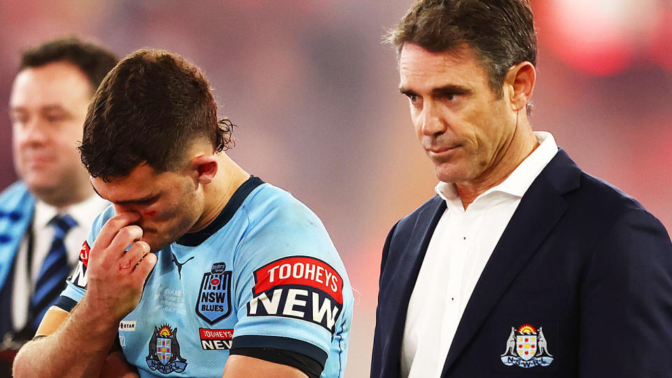 Nathan Cleary and Brad Fittler stand side by side after NSW's loss to Queensland in the State of Origin decider.