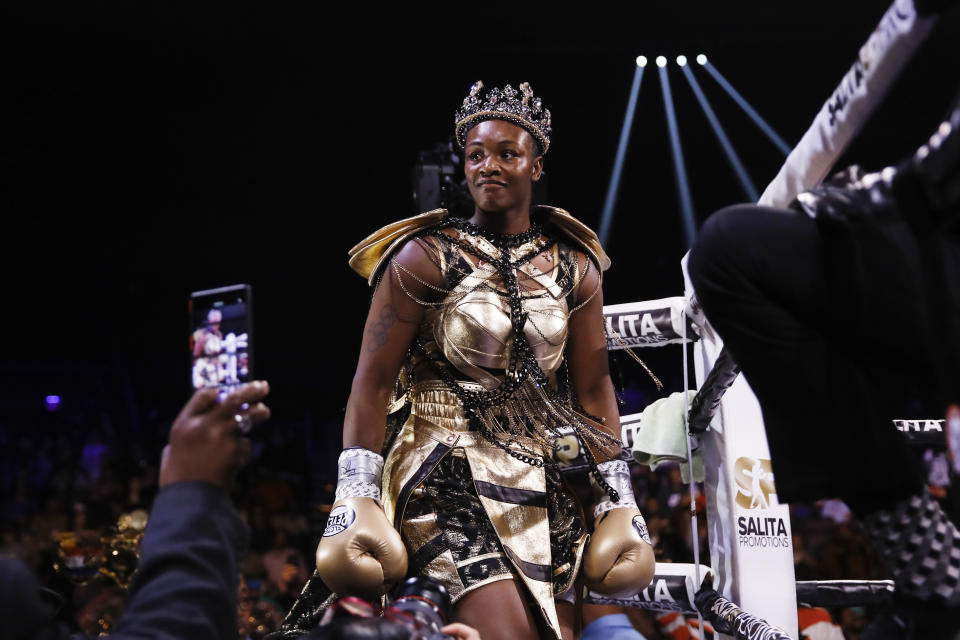 Claressa Shields arrives for her boxing bout against Ivana Habazin for the women's 154-pound title in Atlantic City, N.J., Friday, Jan. 10, 2020. (AP Photo/Matt Rourke)