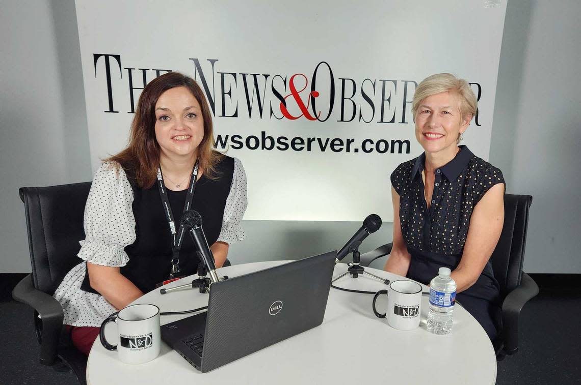 News & Observer Capitol Bureau Chief Dawn Vaughan, left, interviews U.S. Rep. Deborah Ross, right, on an episode of the Under the Dome politics podcast recording on Friday, Oct. 27, 2023 in Raleigh.