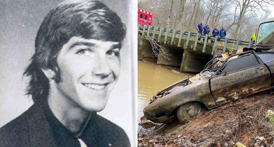 Kyle Clinkscales is pictured left. Right is a photo of his Pinto being pulled from a creek. 