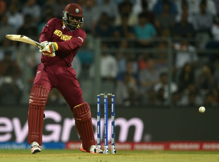West Indies Chris Gayle plays a shot during the World T20 cricket tournament match between England and West Indies at The Wankhede Cricket Stadium in Mumbai on March 16, 2016