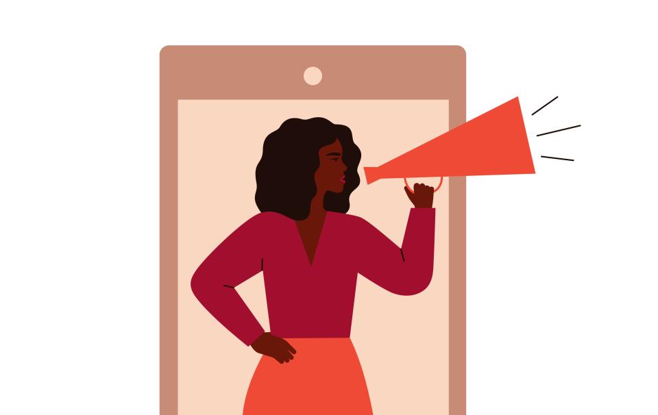 Female activist protests from the cell phone screen. Young Black woman holds megaphone and tells her speech. vector illustration