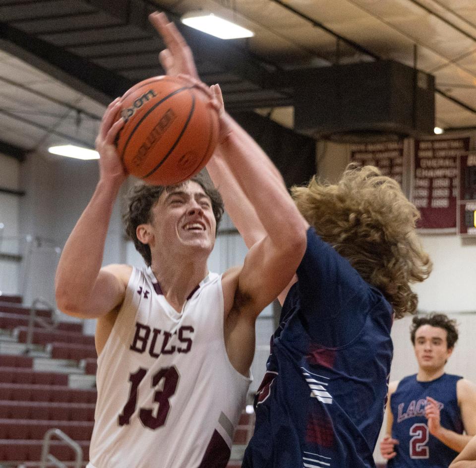 Red Bank Nick Valentino drives to the basket in first half action. Lacey Boys Basketball vs Red Bank in Albert E. Martin But Holiday Classic in Red Bank, NJ on December 28, 2021.