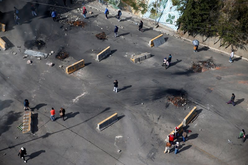 A general view shows roadblocks left by supporters of ousted Bolivia's President Evo Morales in El Alto