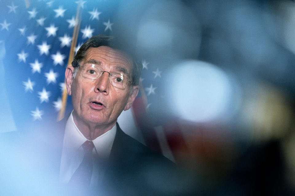 U.S. Sen. John Barrasso (R-WY) speaks to reporters following Senate Republican Policy luncheons at the Russell Senate Office Building on Capitol Hill on April 13, 2021 in Washington, DC. (Stefani Reynolds/Getty Images)