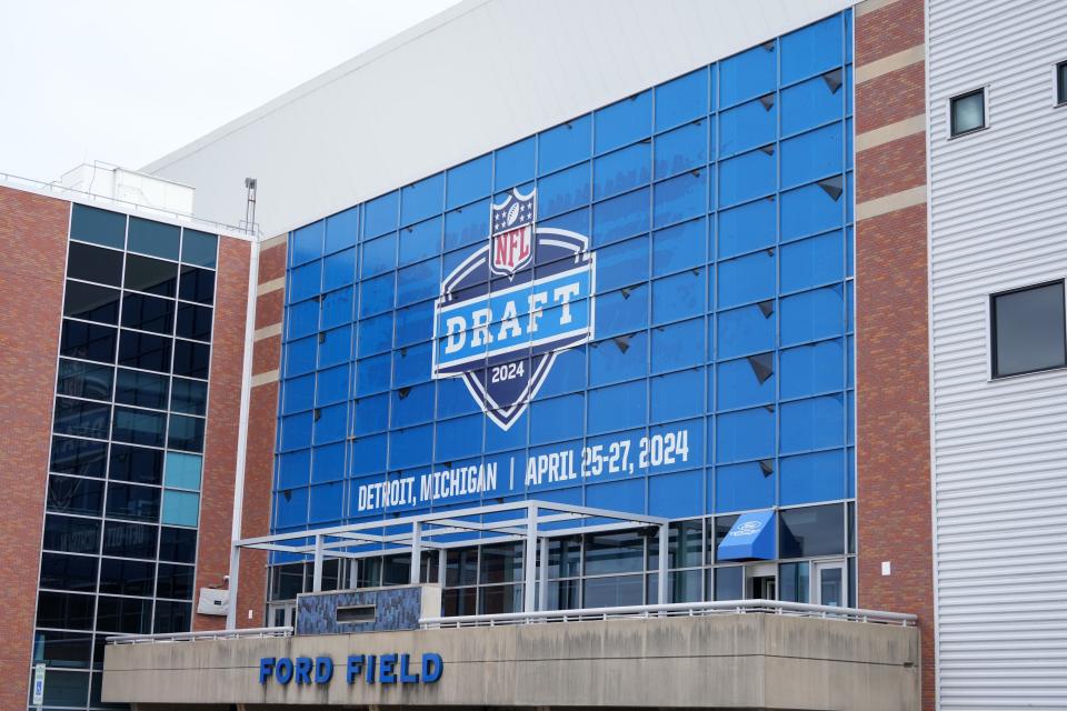 Apr 24, 2024; Detroit, MI, USA; The 2024 NFL Draft logo on the Ford Field facade. The stadium is the home of the Detroit Lions. Mandatory Credit: Kirby Lee-USA TODAY Sports