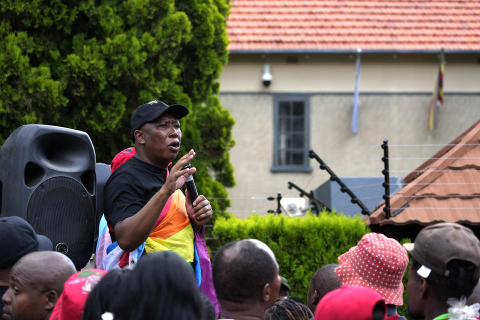 The Economic Freedom Fighters (EFF) leader Julius Malema speaks during their picket against Uganda's anti-homosexuality bill at the Ugandan High Commission in Pretoria, South Africa, Tuesday, April 4, 2023. Uganda's legislature last week passed the anti-homosexuality bill. (AP Photo/Themba Hadebe)