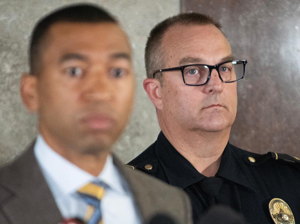 Montgomery Mayor Steven Reed and acting Police Chief John Hall during a public safety press conference at City Hall in Montgomery, Ala., on Friday April 19, 2024. Former Police Chief Darryl Albert resigned this week.