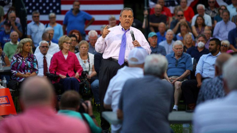 PHOTO: Republican presidential candidate and former New Jersey Governor Chris Christie speaks at a Tell it Like it Is PAC town hall campaign event in Salem, New Hampshire, on Aug. 9, 2023. (Brian Snyder/Reuters)