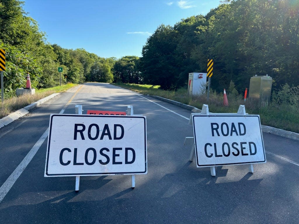 Roads are seen closed on an Interstate 95 on-ramp in Kittery near Seacoast residences Thursday, Aug. 29, 2024 following a fatality on the nearby Piscataqua River Bridge on Interstate 95.