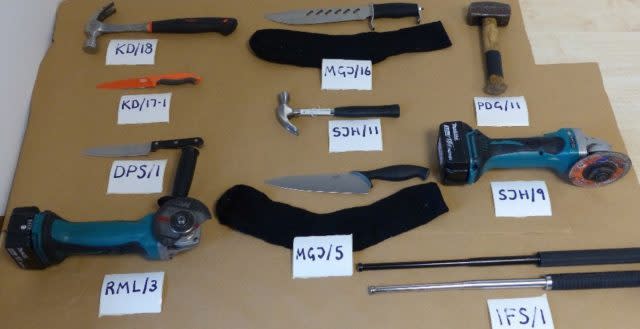 Tools and weapons used by the moped gang 