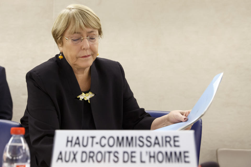 U.N. High Commissioner for Human Rights, Michelle Bachelet, attends the opening of 42nd session of the Human Rights Council at the European headquarters of the United Nations in Geneva, Switzerland, Monday, Sept. 9, 2019. (Salvatore Di Nolfi/Keystone via AP)