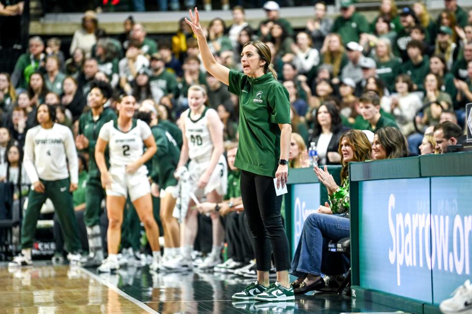 Michigan State's head coach Robyn Fralick signals to players during the first quarter in the game against Michigan on Saturday, Jan. 27, 2024, at the Breslin Center in East Lansing.