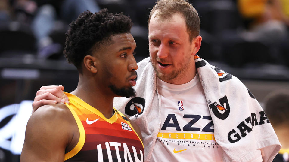 Utah Jazz stars Donovan Mitchell and Joe Ingles were left rattled after a team flight had to make an emergency landing after colliding with a flock of birds. (Photo by Melissa Majchrzak/NBAE via Getty Images)