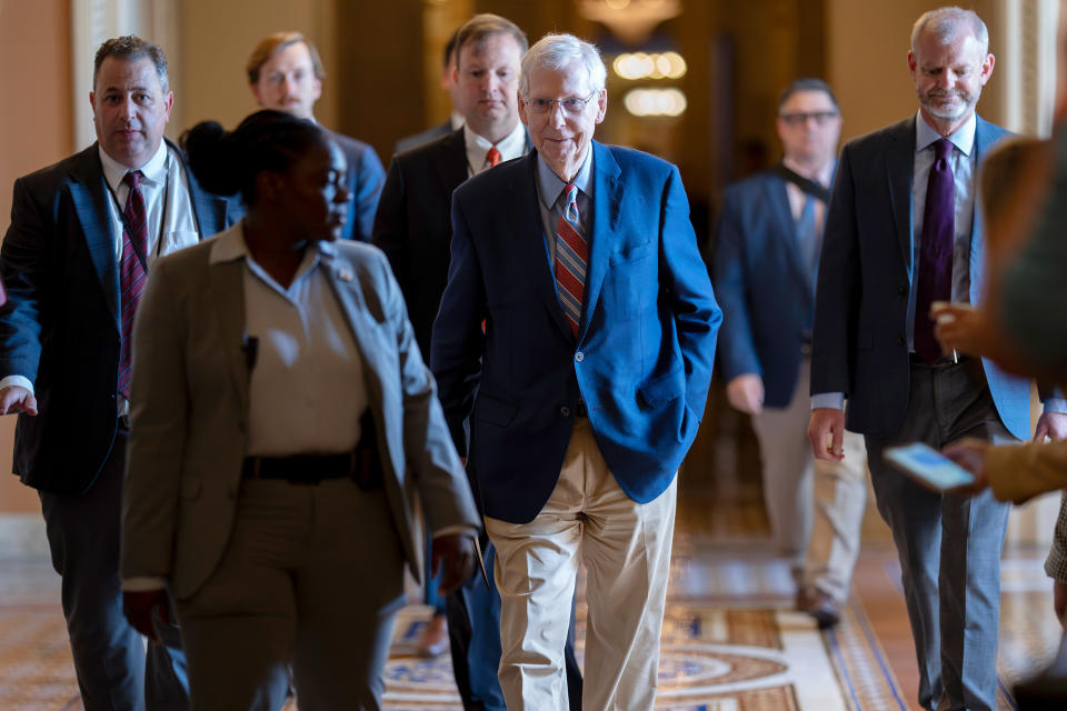 Senate Minority Leader Mitch McConnell, R-Ky., walks to the chamber as he returns to work at the Capitol on Sept. 5, 2023.  (J. Scott Applewhite / AP)