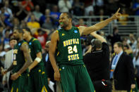 OMAHA, NE - MARCH 16: Brandon Wheeless #24 of the Norfolk State Spartans celebrates after they won 86-84 against the Missouri Tigers during the second round of the 2012 NCAA Men's Basketball Tournament at CenturyLink Center on March 16, 2012 in Omaha, Nebraska. (Photo by Eric Francis/Getty Images)