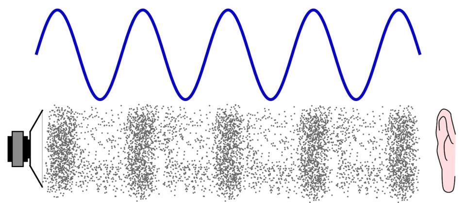 A diagram showing a wave and areas of higher density and points of lower density.