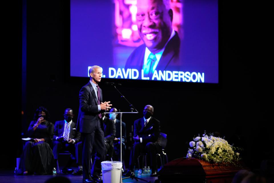 Former Lt. Gov. Frank Brogan speaks during the funeral for David L. Anderson, a life-long resident of Martin County and the namesake of Martin County middle school on Saturday, Jan. 15, 2022, at Christ Fellowship Church in Martin County. “He left us so much better off for having been a part of all of our lives,” said Brogan. Anderson was the first Black member of the Martin County School Board and earned the title of the longest serving school board member in the state of Florida with 32 years.