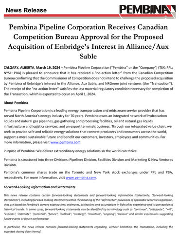 Pembina Pipeline Corporation Receives Canadian Competition Bureau Approval for the Proposed Acquisition of Enbridge’s Interest in Alliance/Aux Sable