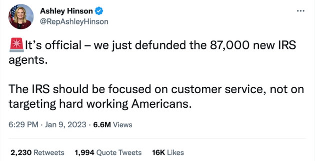 A screenshot of a tweet from Rep. Ashley Hinson (R-Iowa).