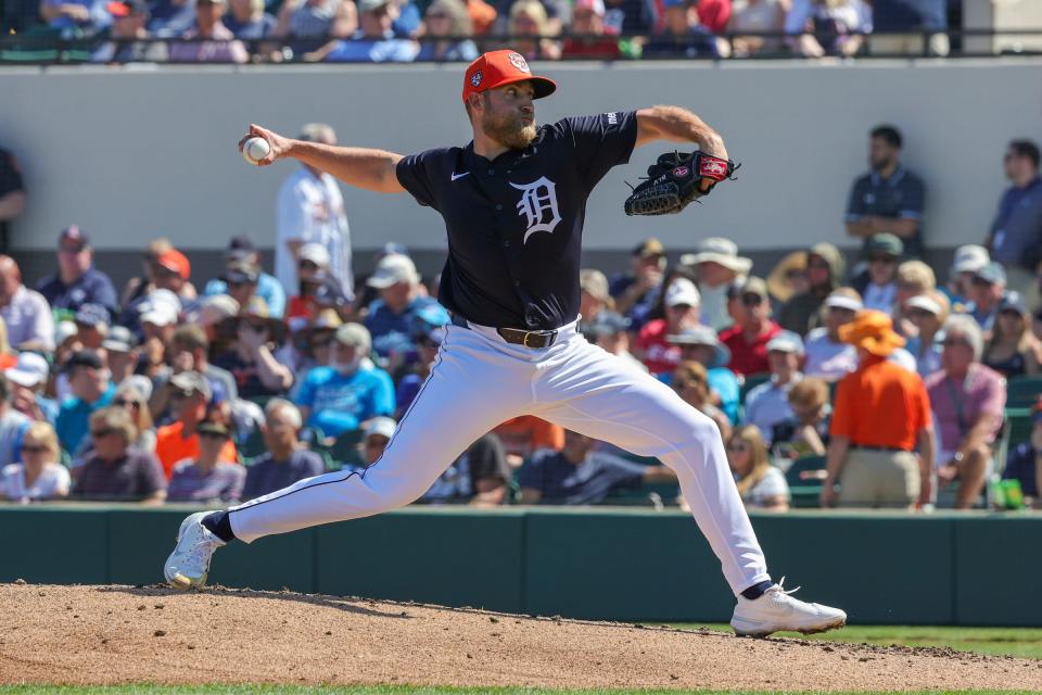 Detroit Tigers relief pitcher Will Vest pitches during the second inning against the Houston Astros at Publix Field at Joker Marchant Stadium on Monday, Feb. 26, 2024, in Lakeland, Florida.