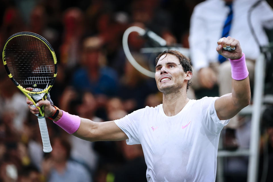 Spain's Rafael Nadal celebrates after winning against France's Jo Wilfried Tsonga in a quarterfinal match of the Paris Masters tennis tournament Friday, Nov. 1, 2019 in Paris. (AP Photo/Kamil Zihnioglu)