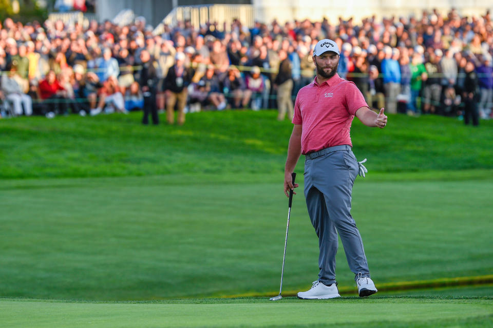Jon Rahm reacts to barely missing his birdie putt on 18 during Round 4 of the Farmers Insurance Open at Torrey Pines Golf Course on Jan. 29. (Ken Murray/Icon Sportswire via Getty Images)