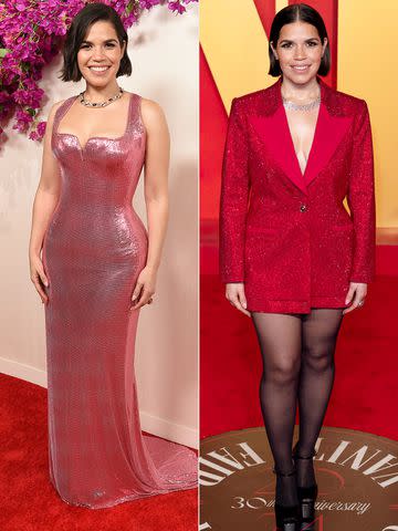 <p>Gregg DeGuire/WWD via Getty Images;  Robert Smith/Patrick McMullan via Getty Images</p> America Ferrera at 2024 Oscars (left) and 2024 Vanity Fair Oscar Party.