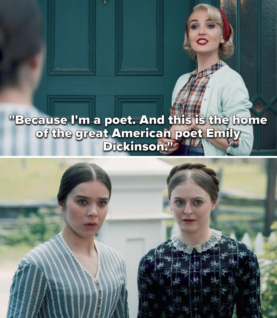 Sylvia saying, "Because I'm a poet. And this is the home of the great American poet Emily Dickinson"