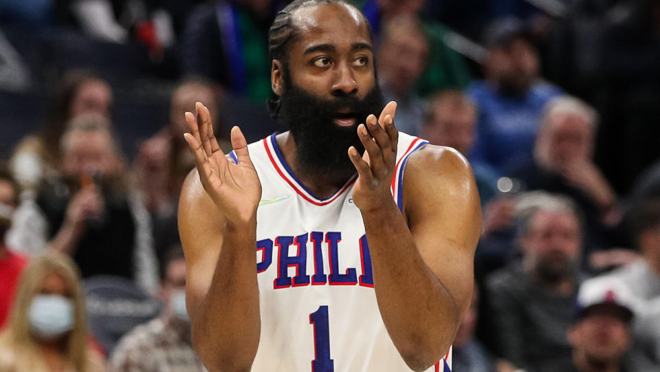 James Harden has a sensational debut for Philadelphia, as the 76ers thumped the Timberwolves. (Photo by David Berding/Getty Images)