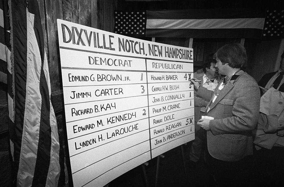 Dixville Notch residents tally their votes in the presidential primary in New Hampshire on Feb. 26, 1980. / Credit: Bettmann / Getty Images