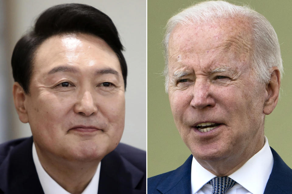 FILE - This photo combination of two file photos shows U.S. President Joe Biden, right, in Washington, on May 15, 2022, and South Korean President Yoon Suk Yeol in Seoul, on May 10, 2022. Leaked U.S. intelligence documents suggesting that Washington spied on South Korea have put the country’s president in a delicate situation ahead of a state visit to the U.S. (AP Photo/File)