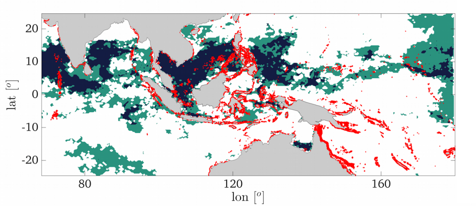 Maps with reefs and potential recovery zones indicated in color, showing that connectivity greatly improves the odds for reefs under stress.