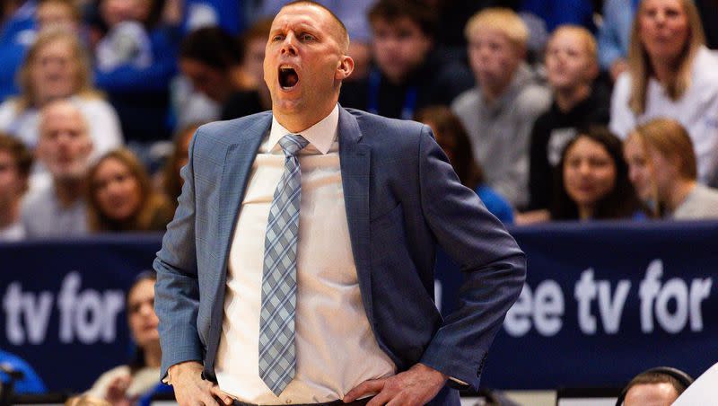 Brigham Young Cougars head coach Mark Pope yells during a men’s college basketball game between Brigham Young University and Baylor University at the Marriott Center in Provo on Tuesday, Feb. 20, 2024.