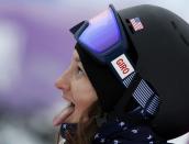 Devin Logan of the U.S. reacts in the finish area during the women's freestyle skiing slopestyle finals at the 2014 Sochi Winter Olympic Games in Rosa Khutor February 11, 2014. REUTERS/Mike Blake