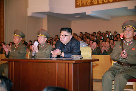 North Korean leader Kim Jong Un inspected the Command of the Strategic Force of the Korean People's Army (KPA) in an unknown location in North Korea in this undated photo released by North Korea's Korean Central News Agency (KCNA) on August 15, 2017. KCNA/via REUTERS