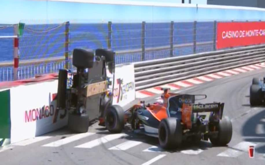 Pascal Wehrlein's car after he was clipped by Jenson Button in the orange McLaren - Credit: SkySportsF1