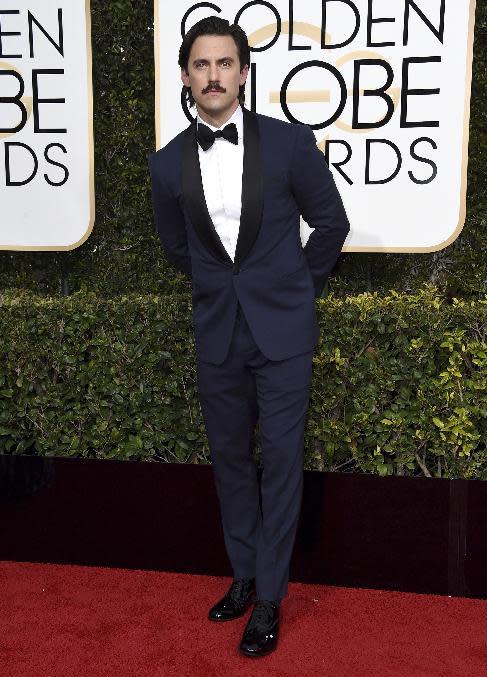 Milo Ventimiglia arrives at the 74th annual Golden Globe Awards at the Beverly Hilton Hotel on Sunday, Jan. 8, 2017, in Beverly Hills, Calif. (Photo by Jordan Strauss/Invision/AP)