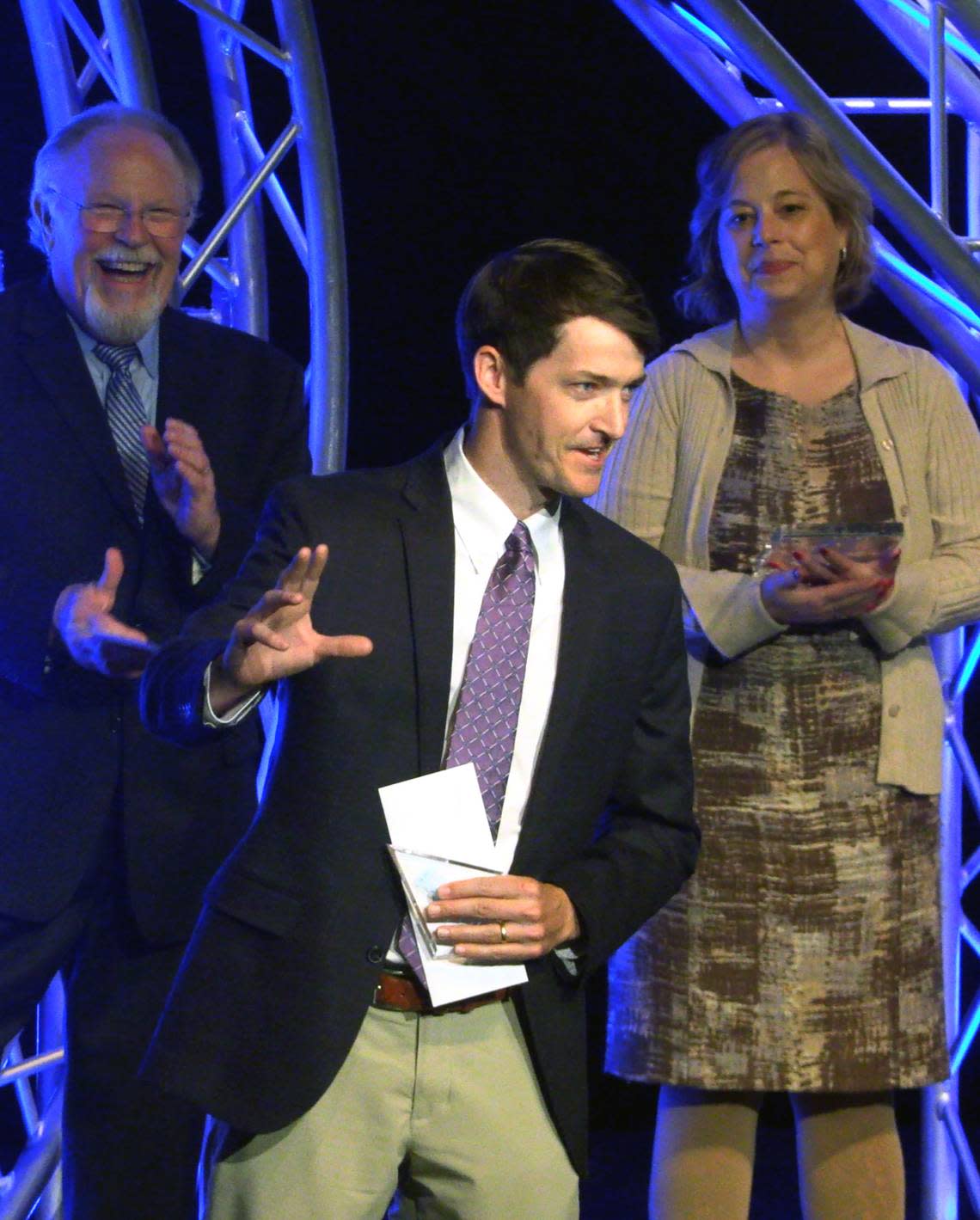 Brookstone teacher Hunter Chapman, front and center, is recognized at the Page One Awards ceremony Tuesday evening at RiverCenter for the Performing Arts in Columbus, Georgia. 04/11/2023