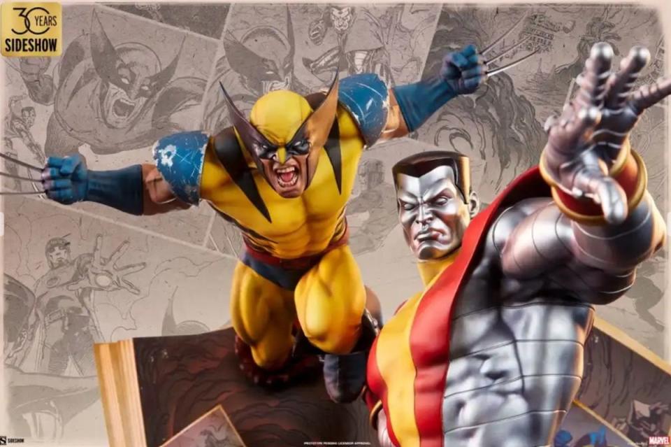 The Wolverine and Colossus u0022fastball specialu0022 Sideshow premium format figure with comics background.