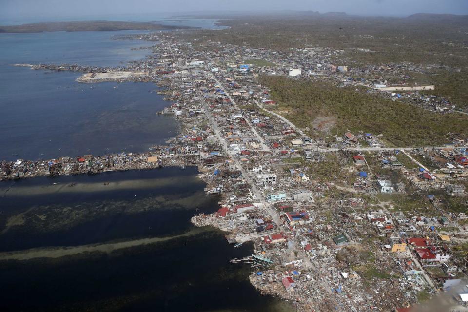 An aerial view of the devastation of super Typhoon Haiyan after it battered Samar province in central Philippines