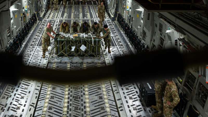 U.S. airmen load cargo destined for Israel on October 15, 2023.