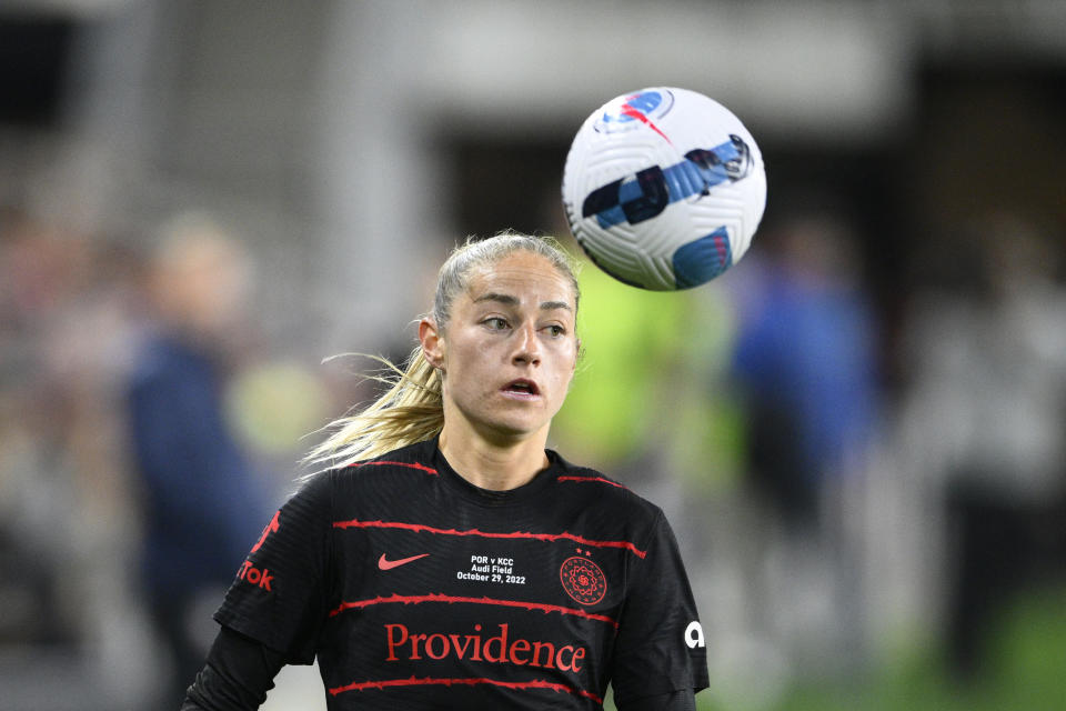 FILE - Portland Thorns FC forward Janine Beckie (16) in action during the second half of the NWSL championship soccer match against the Kansas City Current, Saturday, Oct. 29, 2022, in Washington. (AP Photo/Nick Wass, File)