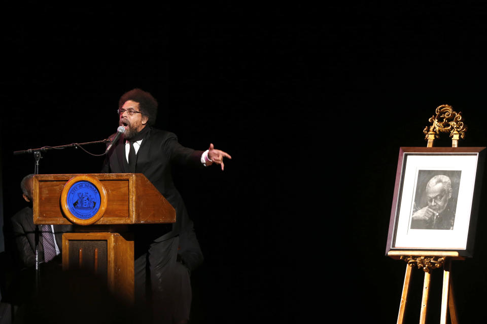 Author Cornel West speaks during the funeral of poet Amiri Baraka Saturday, Jan. 18, 2014, in Newark, N.J. The 79-year-old author of blues-based poems, plays and criticism died Jan. 9 of an undisclosed illness. (AP Photo/Jason DeCrow)