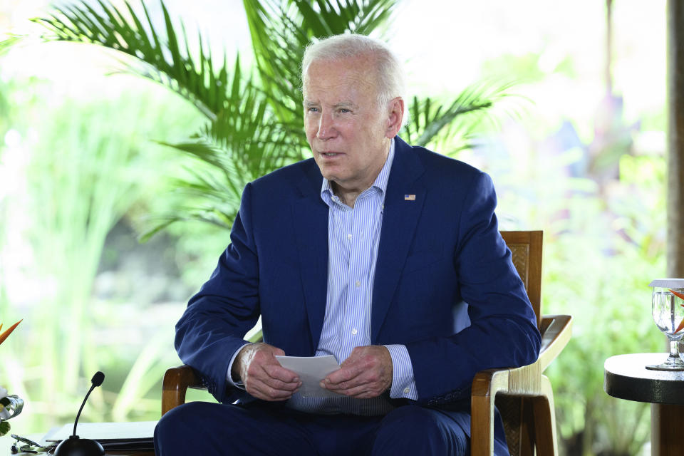 U.S. President Joe Biden makes a statement during a meeting with British Prime Minister Rishi Sunak at the G20 summit, Wednesday, Nov. 16, 2022 in Nusa Dua, Bali, Indonesia. (Leon Neal/Pool Photo via AP)